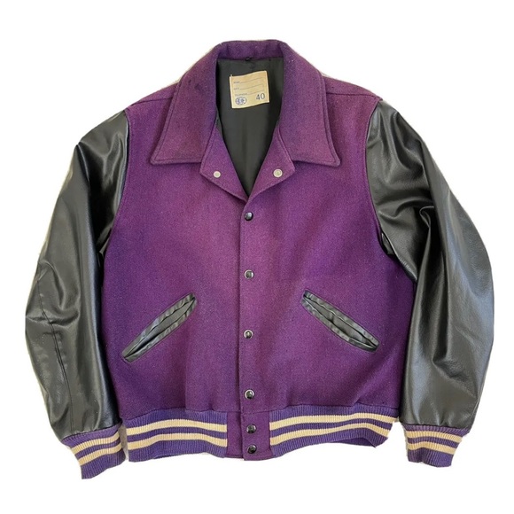 Naugalite Other - Mens Naugalite Vintage 70’s Purple and Black Button Down Varsity Jacket Size XL